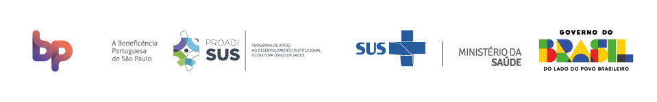 Barra de Logos BP, da esquerda para direita o logo dos Hospitais Poradi - SUS, BP - Benefeciência Portuguesa de São Paulo, SUS e Ministerio da Educação